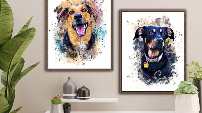 Custom pet memorial watercolor portrait of a dog on a canvas