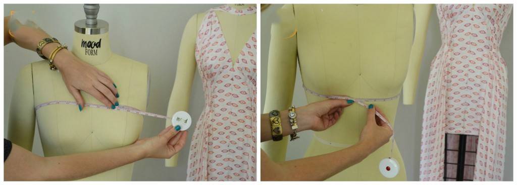 A colorful vintage dress size chart showing bust, waist, and hip measurements in inches