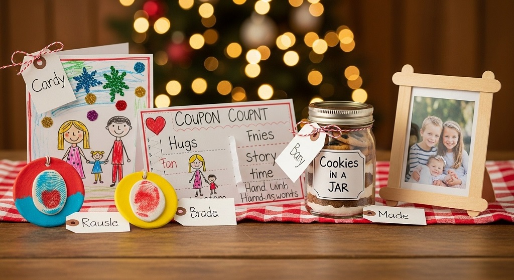 How do handmade gifts from kids help reduce holiday stress for parents