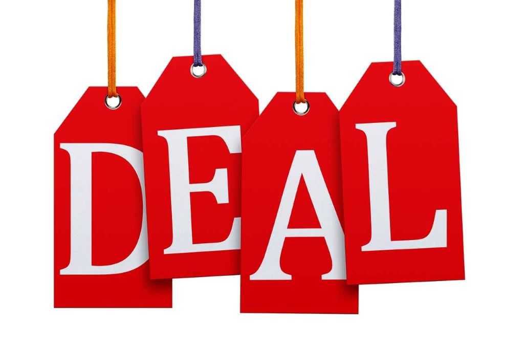 Digital shopping concept with discount tags, coupons, and price comparison tools