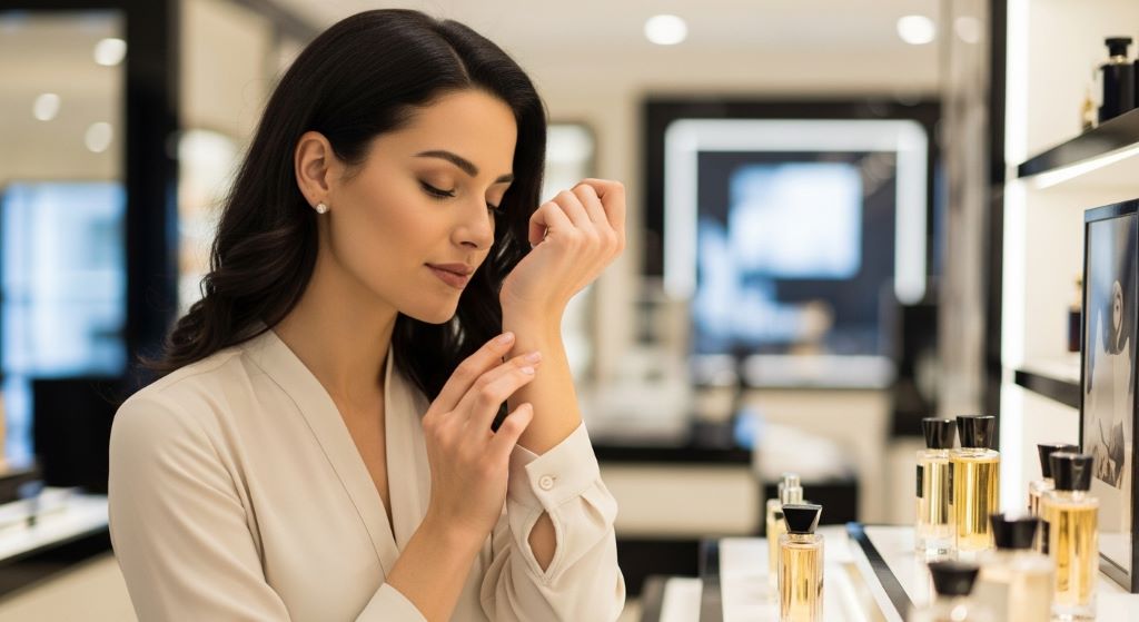 Woman testing perfume on wrist to evaluate fragrance longevity before purchasing