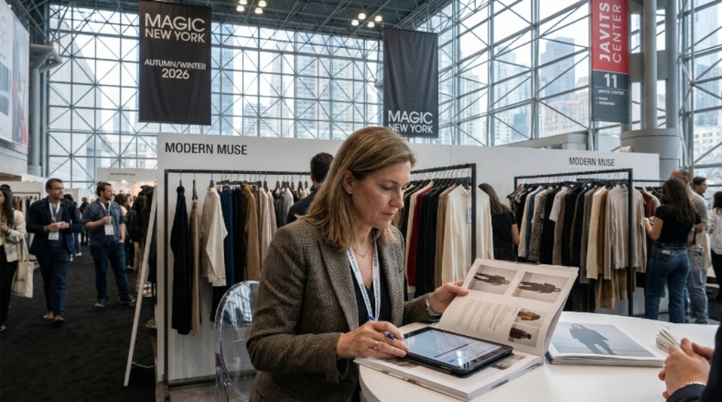 A retail buyer reviewing a brand lookbook and placing wholesale orders at the MAGIC New York 2026 trade show at the Javits Center