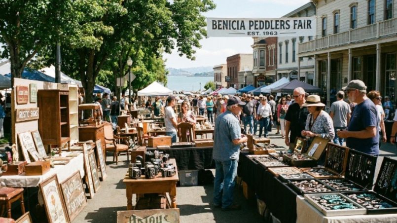 Vendors displaying vintage antiques and jewelry at the Benicia Peddlers Fair