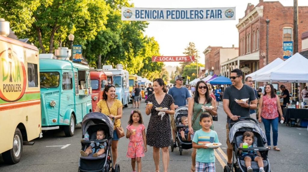 Families browsing food trucks at the Benicia Peddlers Fair in California