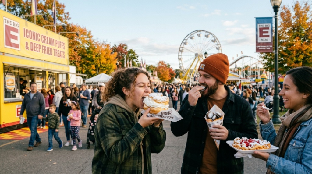 Visitors enjoying fair food including the iconic Big E cream puff and deep-fried treats at the Eastern States Exposition in West Springfield MA in fall 2026