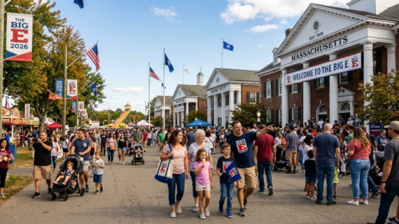 Families exploring the Avenue of States buildings at the Eastern States Exposition Big E 2026 fair in West Springfield Massachusetts on a sunny September afternoon