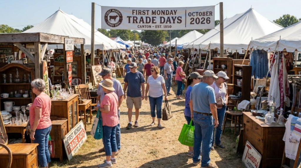 Shoppers browsing antiques at First Monday Trade Days Canton 2026