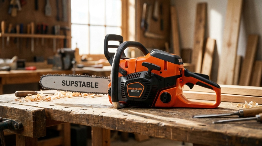 A person wearing safety gear cutting a thick log outdoors with a Supstable chainsaw.