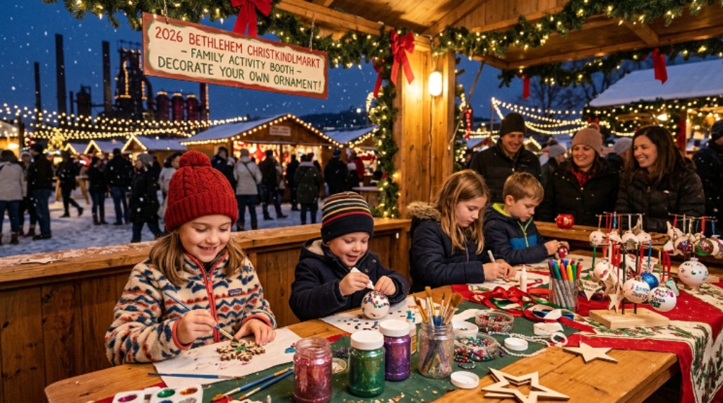 Children decorating ornaments at a family activity booth at the 2026 Bethlehem Christkindlmarkt in Pennsylvania
