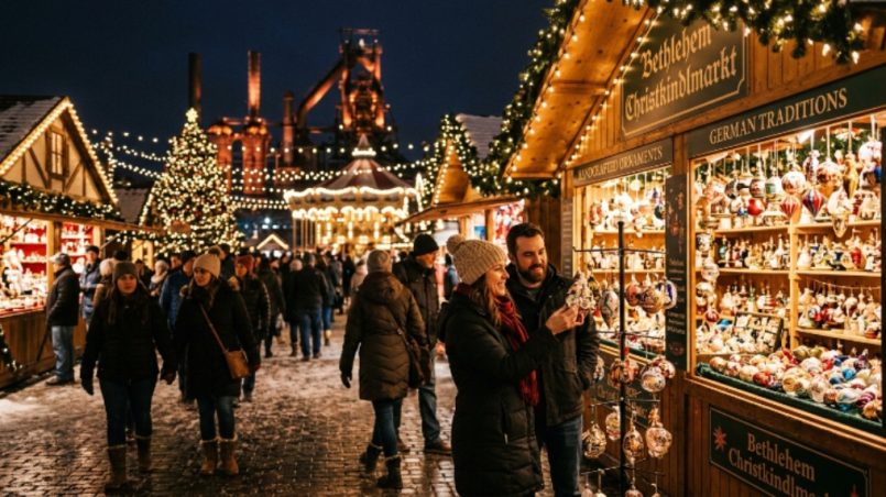 Visitors browsing handcrafted ornament stalls at the Bethlehem Christkindlmarkt at night with festive lights in the background