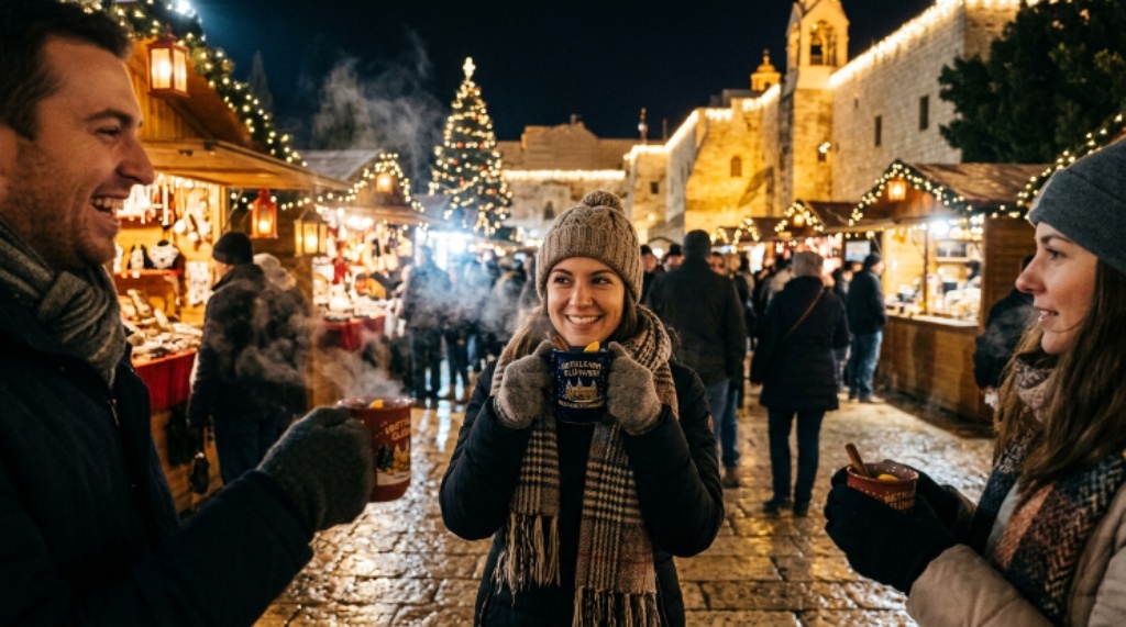 Steaming mugs of Glühwein held by visitors at the Bethlehem Christmas market on a cold winter evening