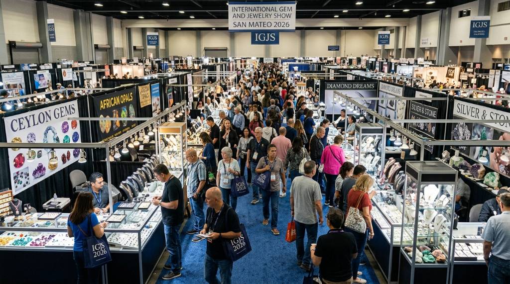 Visitors browsing rows of gemstone and jewelry booths at the International Gem and Jewelry Show in San Mateo 2026