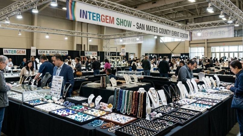 Colorful gemstones and jewelry displayed on tables at the San Mateo County Event Center during the InterGem show