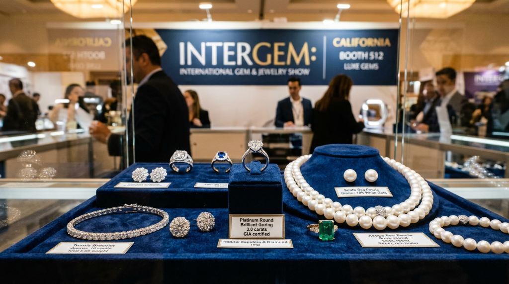 Close-up of diamonds, pearls, and fine jewelry pieces at an InterGem exhibition booth in California