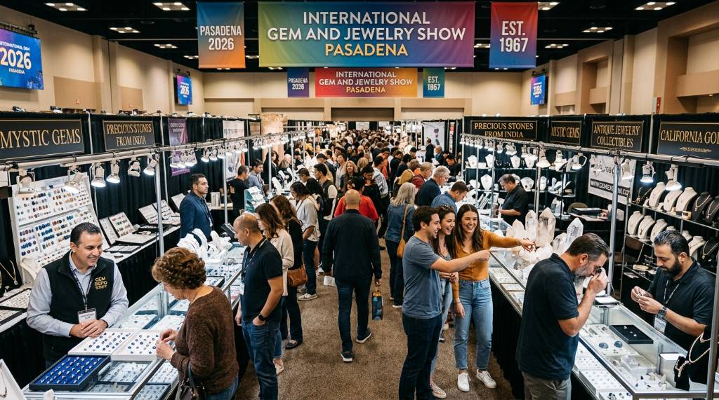 Shoppers browsing rows of gem and jewelry vendors at the International Gem and Jewelry Show Pasadena 2026