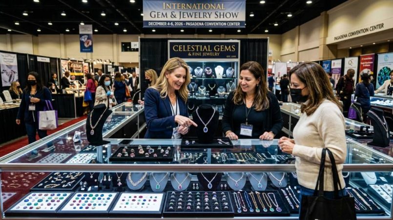 Colorful gemstones and fine jewelry displayed at the Pasadena Convention Center International Gem and Jewelry Show December 2026