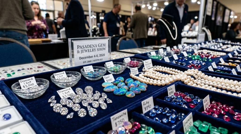 Close-up of diamonds, opals, pearls, and precious gemstones for sale at the Pasadena Gem and Jewelry Show December 4-6 2026
