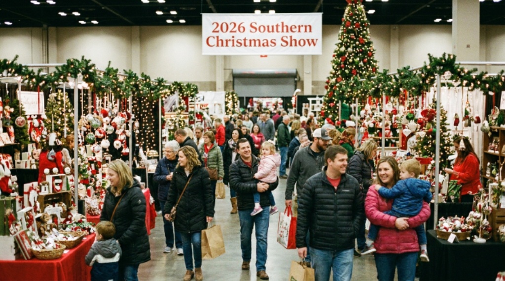 Families and shoppers walking through festive aisles filled with holiday gifts, ornaments, and seasonal décor at the 2026 Southern Christmas Show