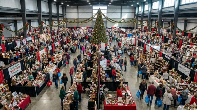 Aerial view of holiday shoppers browsing vendor booths at the Southern Christmas Show inside The Park Expo and Conference Center, Charlotte, NC