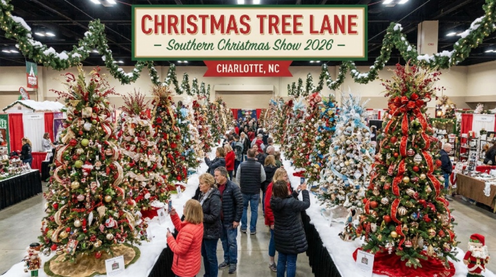 Beautifully decorated Christmas trees on display along Christmas Tree Lane at the Southern Christmas Show 2026 in Charlotte, North Carolina
