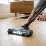 Modern self-standing cordless vacuum upright on a hardwood living room floor.