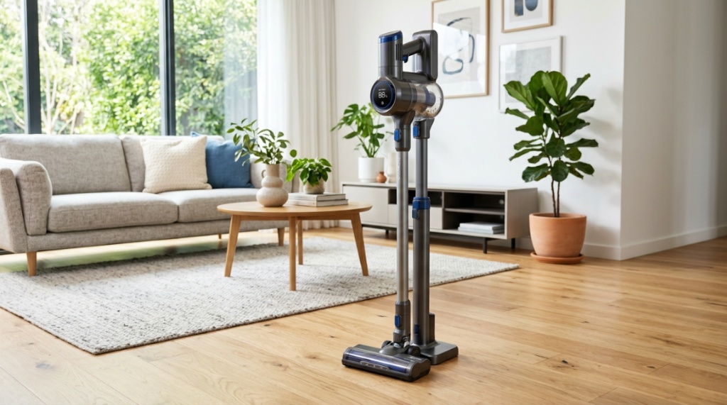 Person using a sleek cordless vacuum to clean debris from hardwood floors.